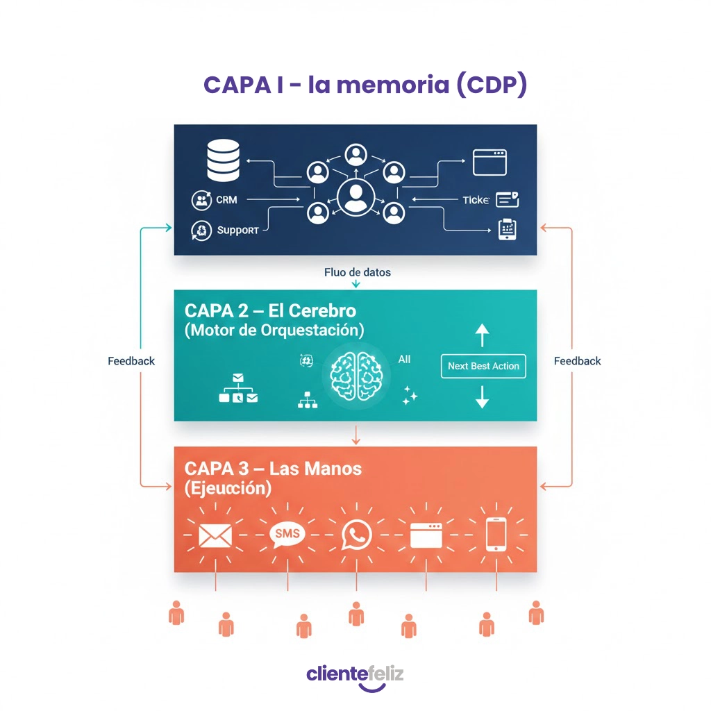 Diagrama de la arquitectura tecnológica de orquestación del Customer Journey: capa de datos CDP, motor de orquestación con IA y plataformas de ejecución omnicanal trabajando en conjunto."