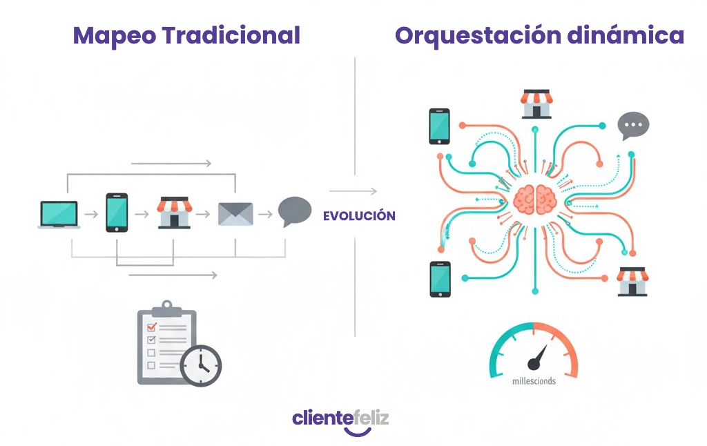 nfografía comparativa entre el mapeo tradicional del Customer Journey (estático y lineal) y la orquestación dinámica (adaptativa y en tiempo real) mostrando la evolución en la gestión de experiencia del cliente