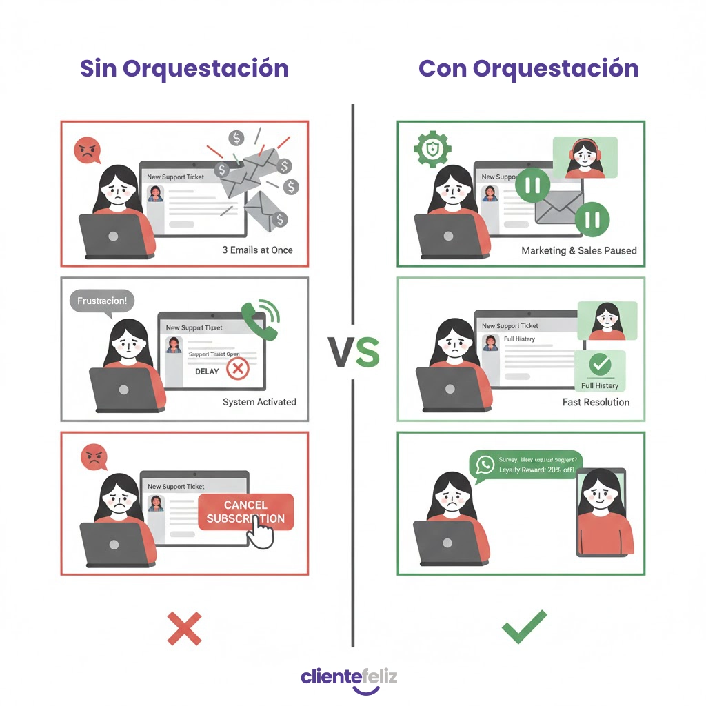 Storyboard comparativo del recorrido de una cliente con y sin orquestación del Customer Journey, mostrando cómo la coordinación en tiempo real transforma una experiencia negativa en fidelización